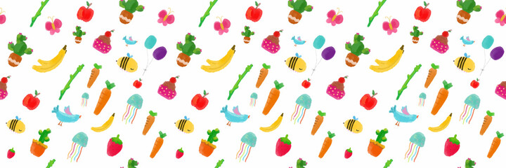 seamless pattern fruit and animal vector illustration. clip ar cartoon set for greeting card, anniversary, web banners, social and print media