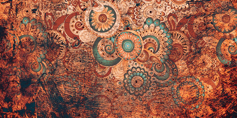 mandala colorful dark eyes vintage art, ancient Indian vedic background design,shree radha krishna artistic work, old painting texture with multiple mathematical shapes