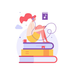 Audio Book. Woman Listening Book with Digital Library Service. Users Studying with Audiobooks. Concept of Electronic Library, Online Book Store, Ebook. Vector illustration for Web Design