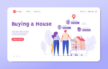 House for Sale. Family Buying Home with Key and Shopping Cart. People Choosing House Online. Concept of Purchase Real Estate, Buy House, Mortage. Vector illustration for Web Design, Landing Page