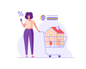 House for Sale. Woman Buying Home with Key and Shopping Cart. People Choosing House Online. Concept of Purchase Real Estate, Buy House, Mortage. Vector illustration for Web Design, Landing Page