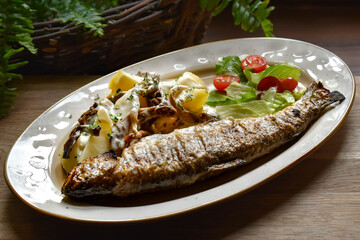 Grilled broiled trout with garnish potatoes
