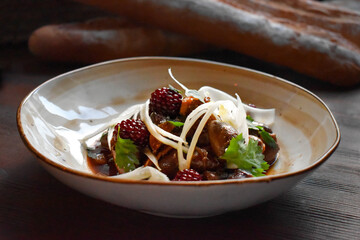 Fried chicken hearts with fennel and pickled blackberries