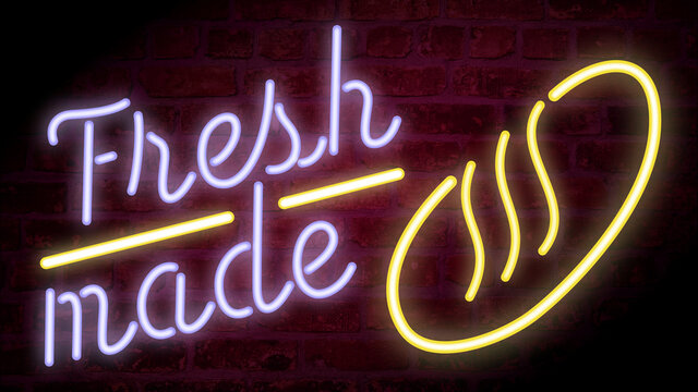 Fresh made bread neon sign rendered on a brick wall