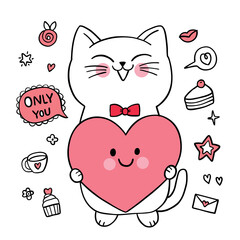 Hand draw cartoon cute Valentine day, White cat and big heart vector.