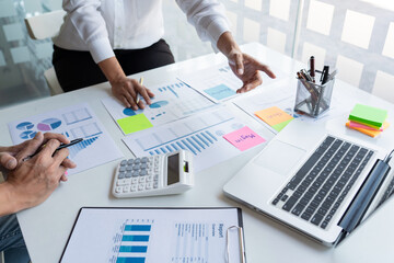 business man financial inspector and secretary making report and brainstorming with colleague in a...