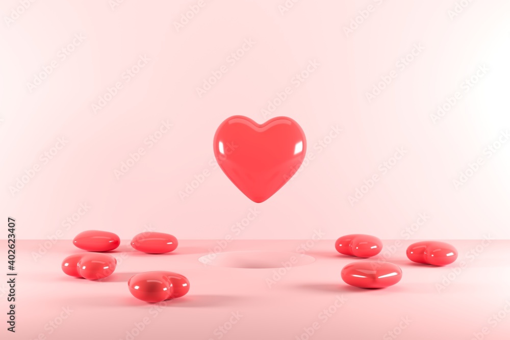 Poster red heart shapes floating from hole on pink background. 3d render. minimal valentine concept idea.