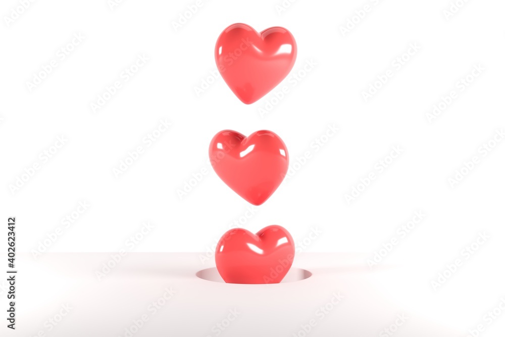 Poster red heart shapes floating from hole on white background. 3d render. minimal valentine concept idea.