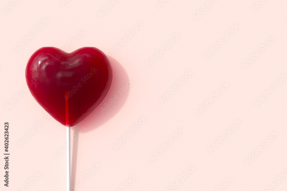 Poster red heart shape of lollipop candy on pink background for copy space. 3d render. minimal valentine co