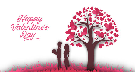 Fototapeta na wymiar valentine's day greeting card template with silhouette couple with tree love romantic paper cut style
