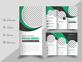 Set of restaurant business tri-fold brochure template with colorful design a4 size layout. Food menu design for leaflet or flyer with flat modern and liquid elements. Creative and clean typography.