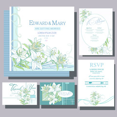 Fototapeta na wymiar Wedding invitation card with flowers, rsvp card, menu design