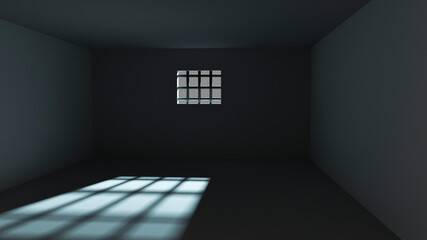 A jail cell interior with a barred up window and light rays. 3d rendering