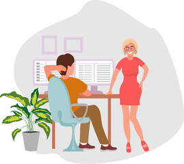 Young girl flirting with a man in the office and distracting him from the computer. Beautiful woman tries to draw attention of a young man. Vector flat illustration isolated on white background