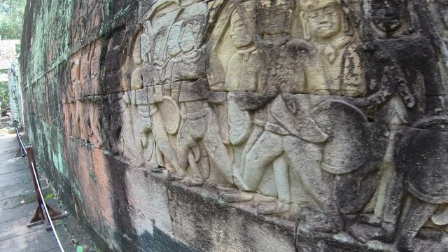 Ancient Khmer bas-relief at Bayon temple in Angkor Thom, Siem Reap, Cambodia