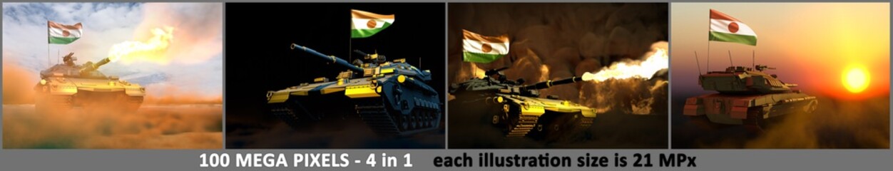 Obraz na płótnie Canvas Niger army concept - 4 detailed images of tank with fictive design with Niger flag and free place for your text, military 3D Illustration