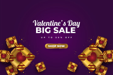 Fototapeta na wymiar Valentine's day sale banner with realistic gold gift boxes, red hearts and glitter gold confetti on purple background. Horizontal poster, header, banner for website