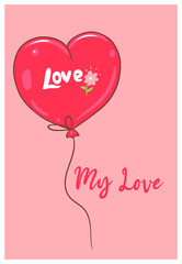 Valentine s day card with balloon. Vector graphics.