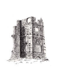 Hand drawn black ink sketch with old European stone castle wall. Half ruined tower wall in Belarus. Monochrome pen illustration for print, post card, package. Historical artwork on paper.