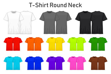 T-Shirt round neck color collection set for your design , mockup advertising , blank for printing , vector illustration , white black grey red orange yellow green blue purple pink brown color