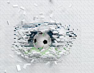 Fototapety  Piłka nożna rozbija mur z cegły na stadionie Zmiażdżyć mur z cegły, ilustracja 3d