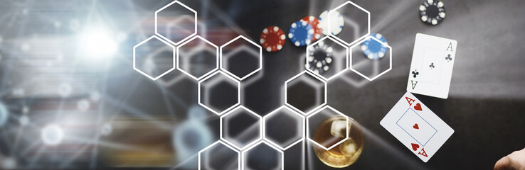 The concept of card tricks and presentations. The concept of a cheater in games. Flying cards in the air. A magician raises cards with the power of thought.