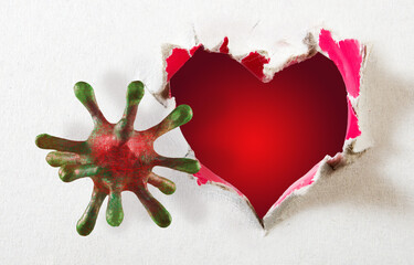 3d-image of the sovid-19 virus on the background of a hole in the paper, made in the form of a heart