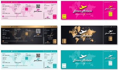 Double Side (Front and Back) Boarding Pass Ticket Airlane Template Design With 3 Color Themes (Pink, Golden Luxury, Cyan Accent)