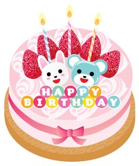熊とウサギと苺ののったピンクのお誕生日ケーキ