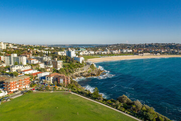 Fototapeta na wymiar Aerial drone view of iconic Bondi Beach in Sydney, Australia during summer on a sunny morning 