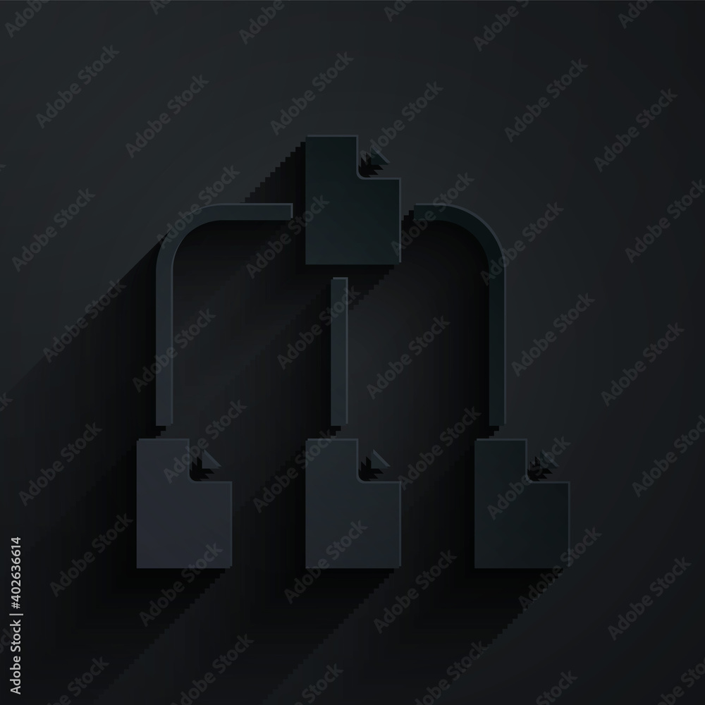 Poster paper cut folder tree icon isolated on black background. computer network file folder organization s