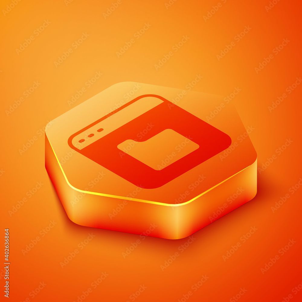 Poster isometric browser files icon isolated on orange background. orange hexagon button. vector.