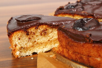Chocolate Topped Sponge Cake with Prunes and Toffee Sauce