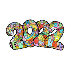 New year 2022. Monster doodle date. Ornate holiday symbol.