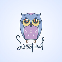 Sweet owl logo. Doodel isolated emblem design. Kids education symbol