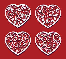 Fototapeta na wymiar Hearts on red background for laser cutting. Set of white ornamental hearts