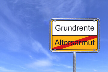 3d Illustration - Ortsschild - Ortstafel - Grundrente - Altersarmut - Himmel - Wolken