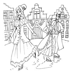 Girl and a couple in love are skating. Winter ice rink in the style of the 19th century. Skating in the steampunk style.Linear sketch. Coloring pages for children, adults. Winter entertainment