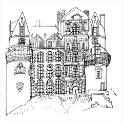 Beautiful French castle in the Loire Valley. Illustration of the medieval chateau de Brisac. Black and white illustration in sketch style. A linear pattern. Coloring page for kids and adults.
