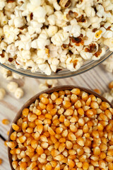 Popcorn and corn seeds in studio