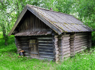 Russian traditional wooden bath old rustic wood house log cabin.