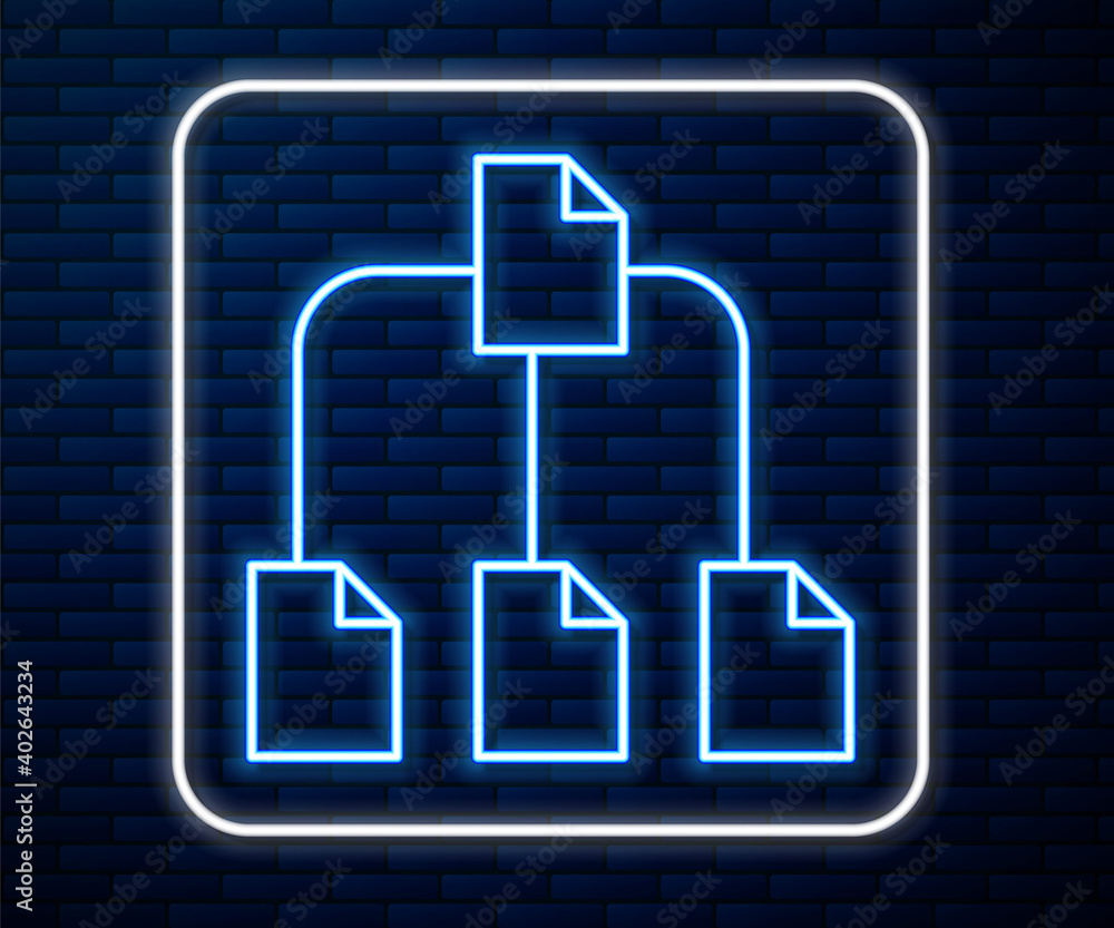 Poster glowing neon line folder tree icon isolated on brick wall background. computer network file folder o