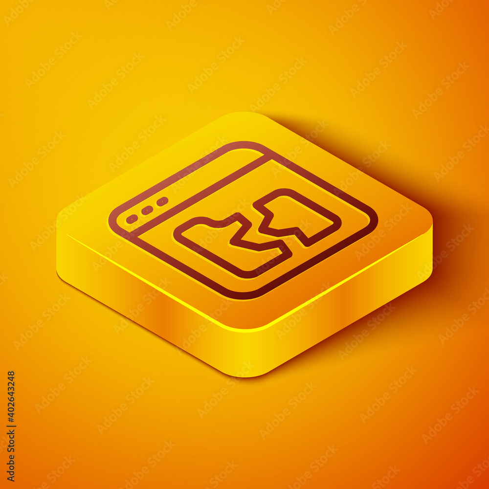 Poster isometric line broken file icon isolated on orange background. yellow square button. vector.