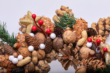 Christmas decorations with pine cones and nuts