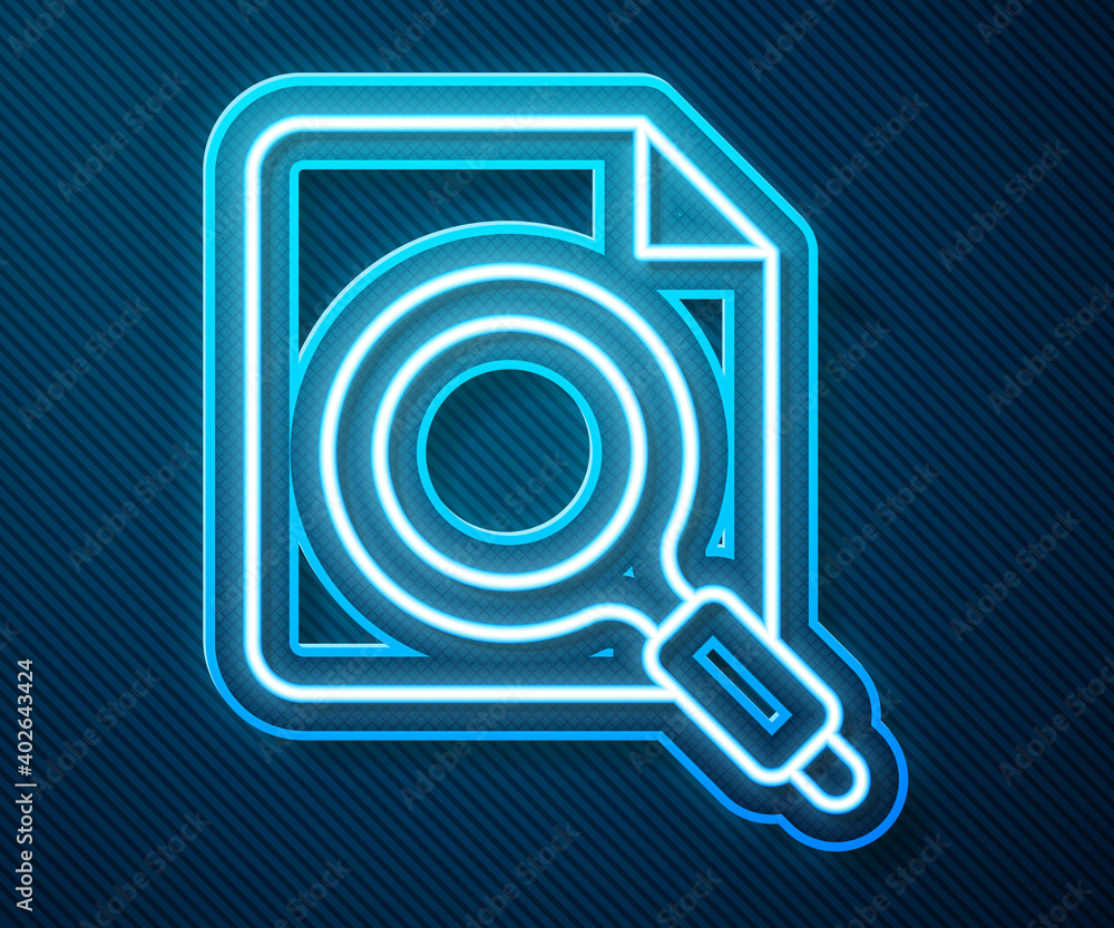 Poster glowing neon line search concept with folder icon isolated on blue background. magnifying glass and 