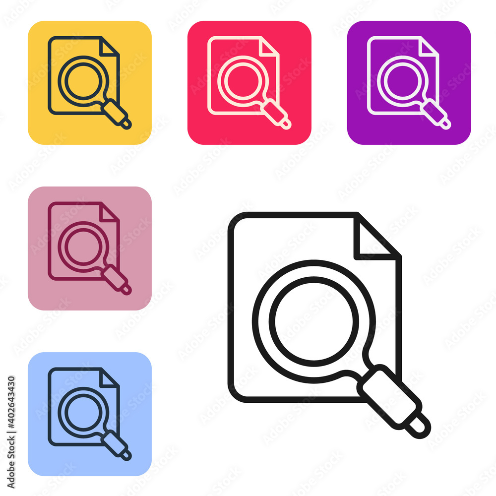 Poster black line search concept with folder icon isolated on white background. magnifying glass and docume