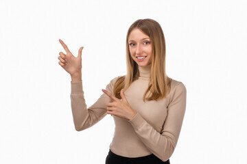 Portrait of stylish confident blond girl pointing finger left at interesting offer, recommend click...