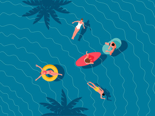 Group of young people swimming in a pool, sea. Aerial view. Flat design illustration.