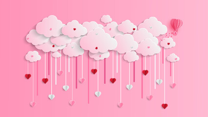 Happy Valentine's day paper cut card. Glittering hearts and clouds with place for text - obrazy, fototapety, plakaty