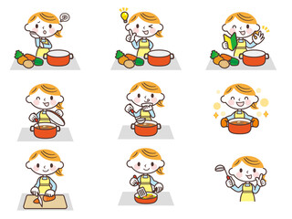 Obraz premium 料理する女性セット Woman cooking in a pot 